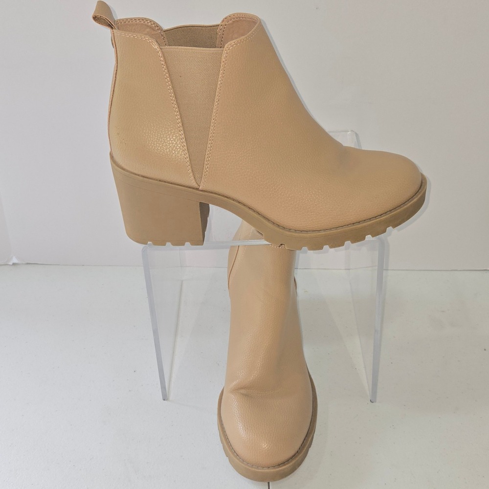 Xappeal Tan Faux Leather Chelsea Ankle Boots Lug Sole Block Heel Size 10